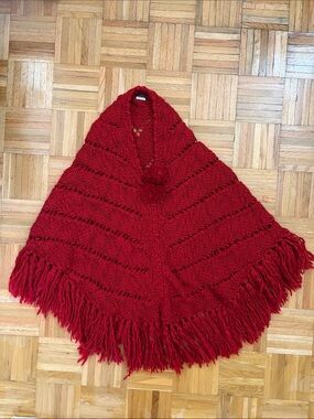 VTG Neiman Marcus Wool Blend Fringe Poncho with Pom-Poms EUC